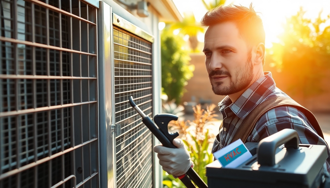 Engaged technician performing ac repair phoenix az in sunlit backyard environment.