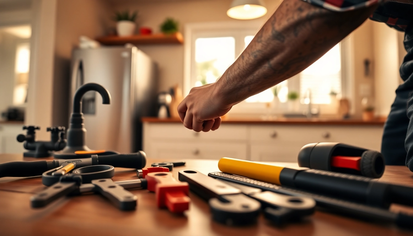 Expert plumber addressing plumbing Lacey Wa needs with tools in a cozy kitchen environment.