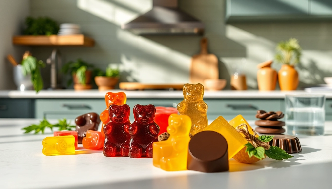 Showcase of wholesale CBD edibles, including colorful gummies and chocolates in a cozy kitchen setting.